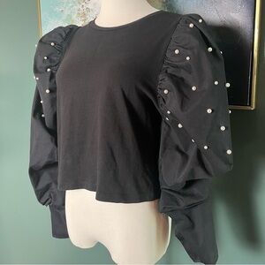 Zara Pearl-Embellished Puff Sleeve Top